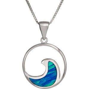 Sterling Silver Blue Opal Wave Necklace with 18" Box Chain, Hypoallergenic Hawai
